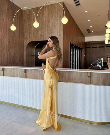 Yellow One Shoulder Sleeveless Sheath Floor Length Prom Dress,SWS2251