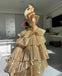 Gold Strapless Ruffle Sleeveless A-line Floor Length  Prom Dress,SWS2304