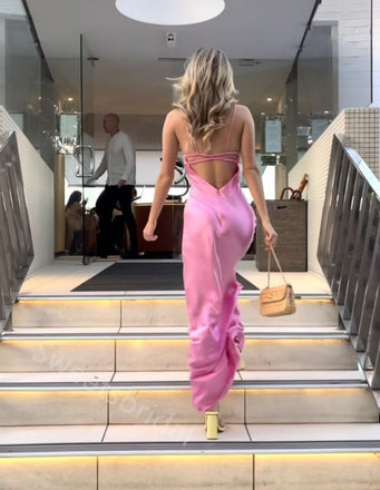 Pink Spaghetti Straps Sleeveless Sheath Floor Length  Prom Dress,SWS2285