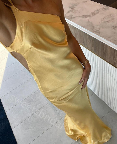 Yellow One Shoulder Sleeveless Sheath Floor Length Prom Dress,SWS2251