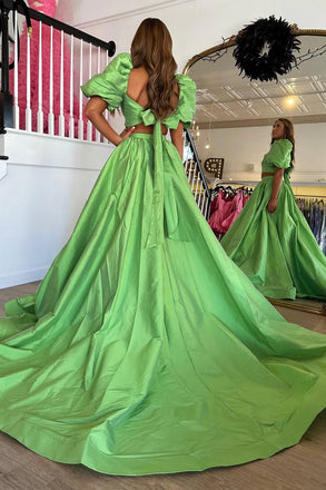 Green Two Pieces Square A-line Floor Length Prom Dress,SWS2238