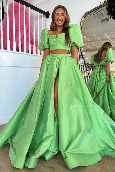 Green Two Pieces Square A-line Floor Length Prom Dress,SWS2238