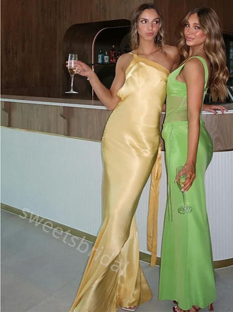 Yellow One Shoulder Sleeveless Sheath Floor Length Prom Dress,SWS2251
