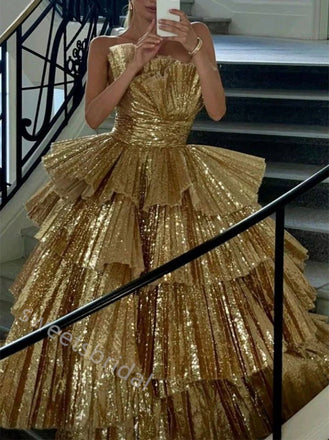 Gold Strapless Ruffle Sleeveless A-line Floor Length  Prom Dress,SWS2304