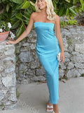 Blue Strapless Sleeveless Sheath Long Prom Dress,SWS2325