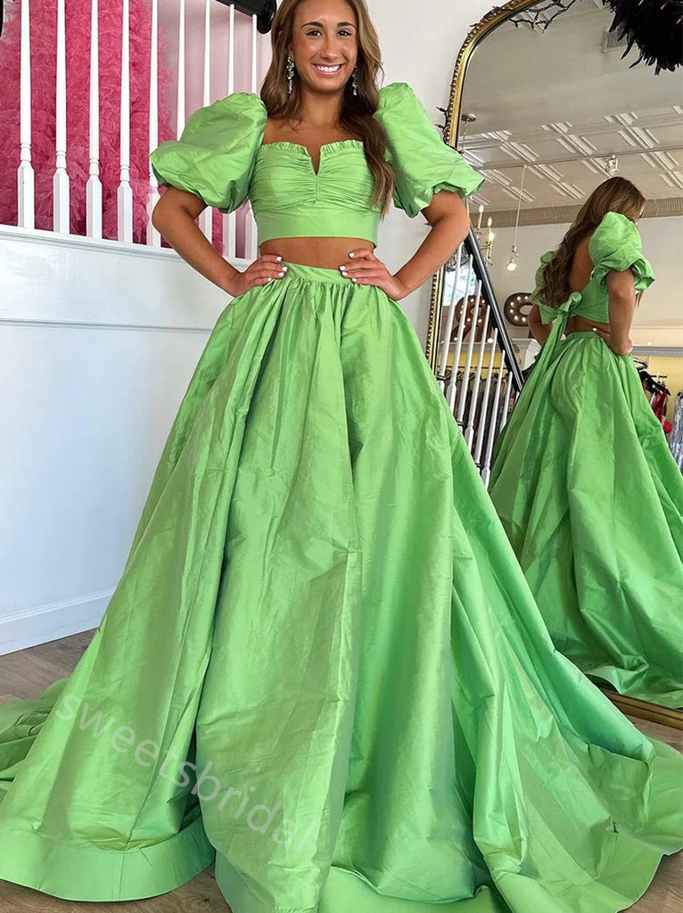 Green Two Pieces Square A-line Floor Length Prom Dress,SWS2238