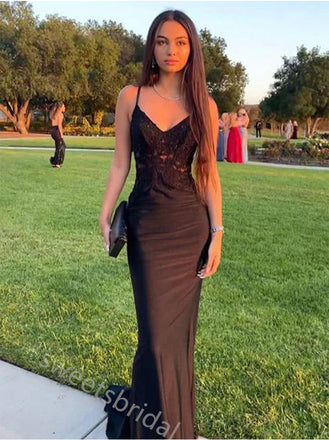 Black V-neck Sleeveless Mermaid Floor Length Prom Dress,SWS2379