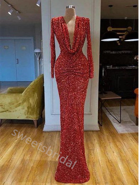 Red Sparkly Jewel Long Sleeves Mermaid Floor Length  Prom Dress,SWS2281