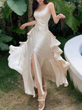 Elegant Side slit Ruffle A-line Long Prom Dress,SWS2062