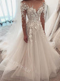Elegant V-neck Long sleeves A-line Lace applique Wedding Dresses,DB0341