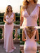Pretty Pink V-Neck Sleeveless Bow Knot Mermaid Floor Length Prom Party Dress,SWS2579