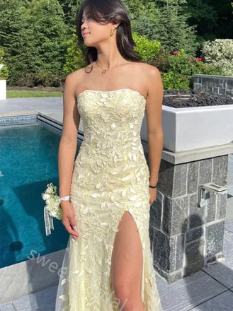Light Yellow Strapless Sleeveless Mermaid Floor Length Prom Dress,SWS2380