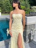 Light Yellow Strapless Sleeveless Mermaid Floor Length Prom Dress,SWS2380