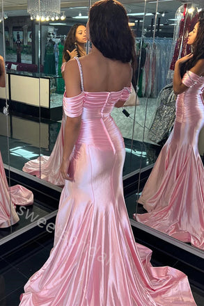 Pink Sparkly Off Shoulder Sleeveless Mermaid Floor Length Prom Dress,SWS2260