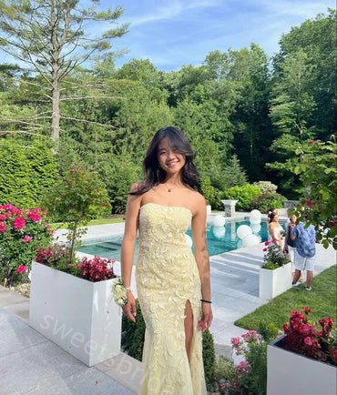 Light Yellow Strapless Sleeveless Mermaid Floor Length Prom Dress,SWS2380