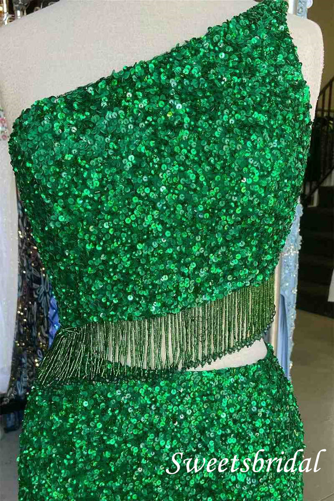 Sparkly Green One Shoulder Mermaid Floor Length Prom Dress,SWS2532