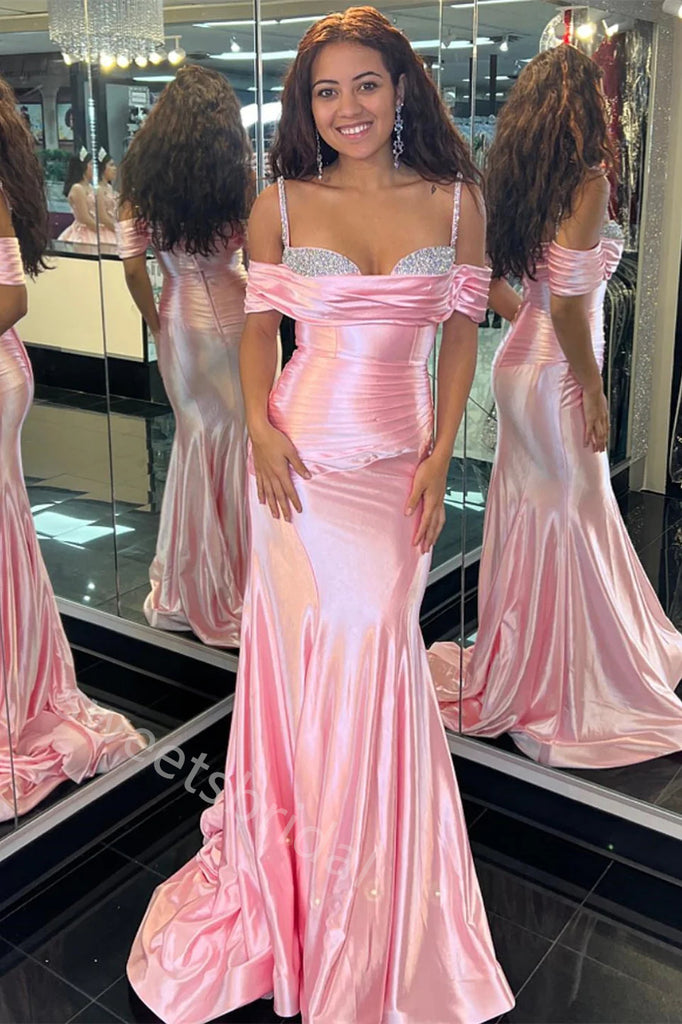 Pink Sparkly Off Shoulder Sleeveless Mermaid Floor Length Prom Dress,SWS2260