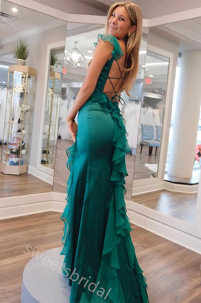 Emerald Ruffle Sleeveless Side Slit Mermaid Floor Length Prom Dress,SWS2378