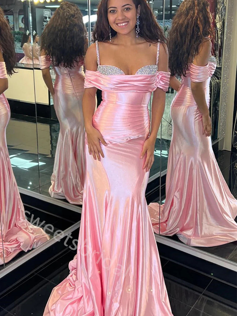 Pink Sparkly Off Shoulder Sleeveless Mermaid Floor Length Prom Dress,SWS2260