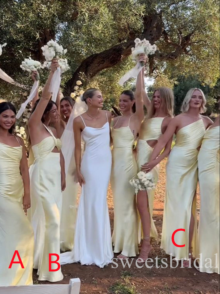 Sexy Mismatched Spaghetti Straps Side Slit Sheath Long Bridesmaid Dresses, SWE1432