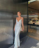 White Jewel Sleeveless Sheath Floor Length Prom Dress,SWS2252