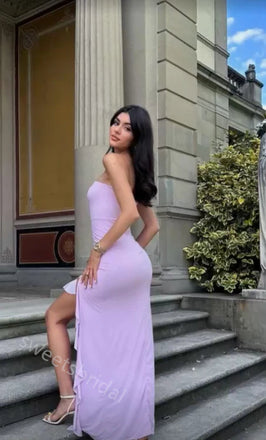 Lilac Ruffle Sleeveless Side Slit Sheath Floor Length Prom Dress,SWS2313