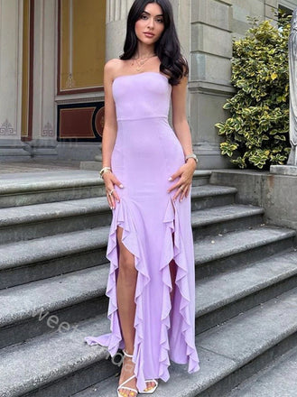 Lilac Ruffle Sleeveless Side Slit Sheath Floor Length Prom Dress,SWS2313