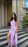 Lilac Ruffle Sleeveless Side Slit Sheath Floor Length Prom Dress,SWS2313