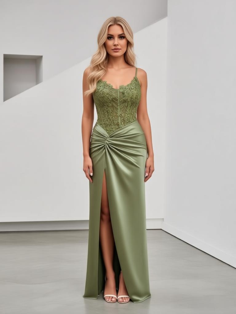 Sexy Dusty Sage V-Neck Sleeveless Side Slit Mermaid Floor Length Prom Party Dress,SWS2580