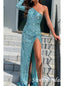 Sparkly Sequin One Shoulder Side Slit Mermaid Floor Length Prom Dress,SWS2533