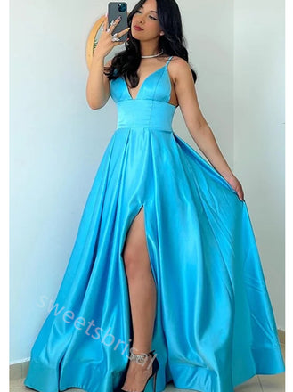 Pool V-neck Sleeveless Side Slit A-line Floor Length Prom Dress,SWS2197