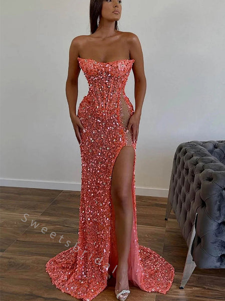 Sexy Strapless Sleeveless Side slit Mermaid Long Prom Dress,SWS2073