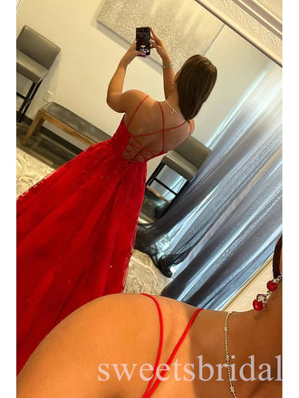 Red Elegant Spaghetti Straps Sleeveless A-line Long Prom Dress,SWS2513
