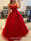 Red Elegant Spaghetti Straps Sleeveless A-line Long Prom Dress,SWS2513