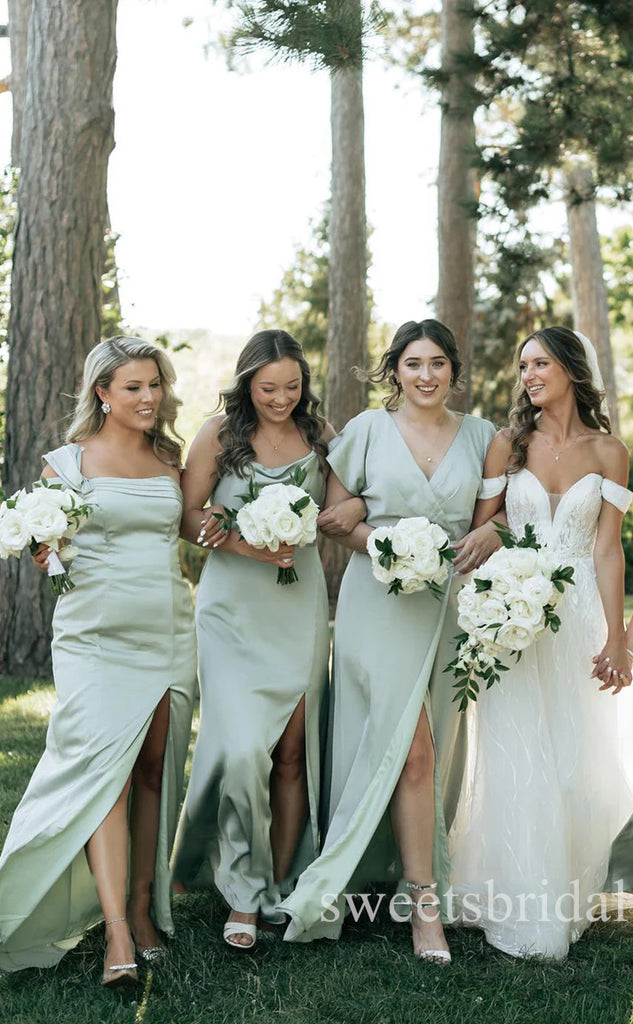 Mismatched V-neck Side Slit Sheath Long Bridesmaid Dresses, SWE1449