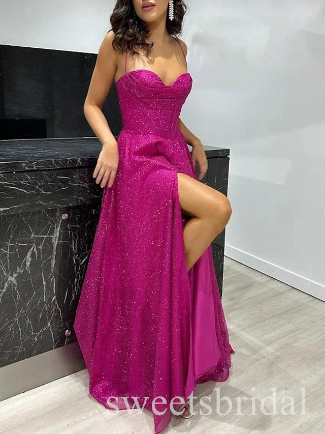 Sparkly Sweetheart Sleeveless Side Slit A-line Long Prom Dress,SWS2514