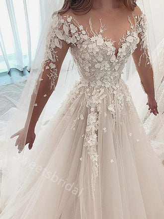 Elegant V-neck Long sleeves A-line Lace applique Wedding Dresses,DB0341
