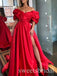 Red Off Shoulder Sleeveless Side Slit A-line Long Prom Dress,SWS2515