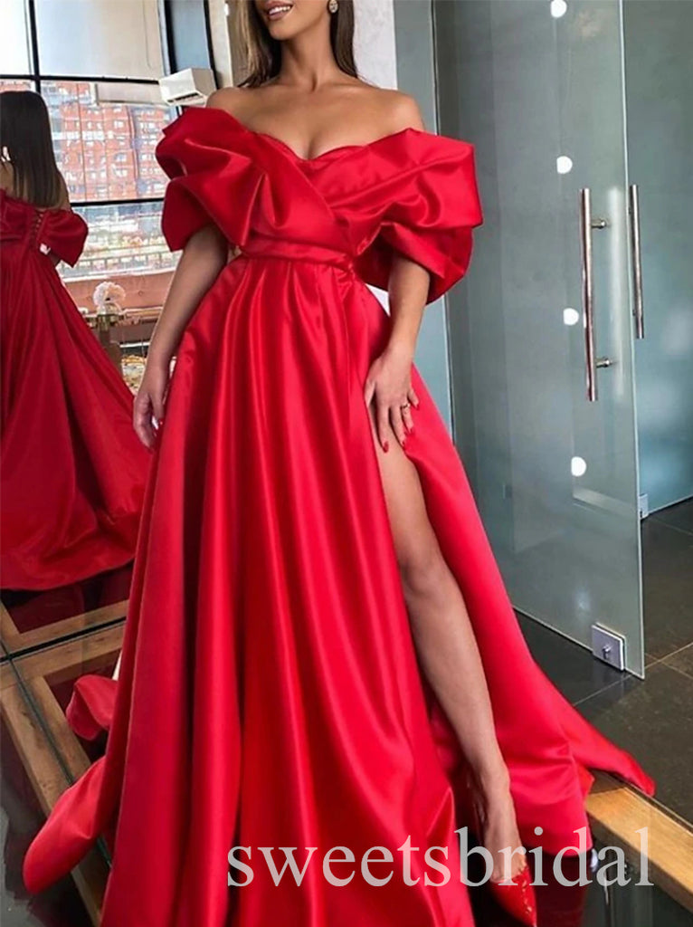 Red Off Shoulder Sleeveless Side Slit A-line Long Prom Dress,SWS2515