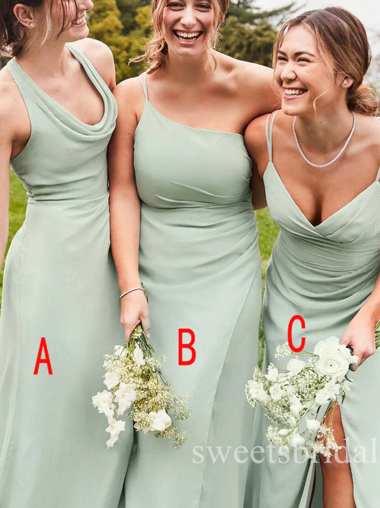 Sage Mismatched V-neck Sleeveless Sheath Long Bridesmaid Dresses, SWE1447