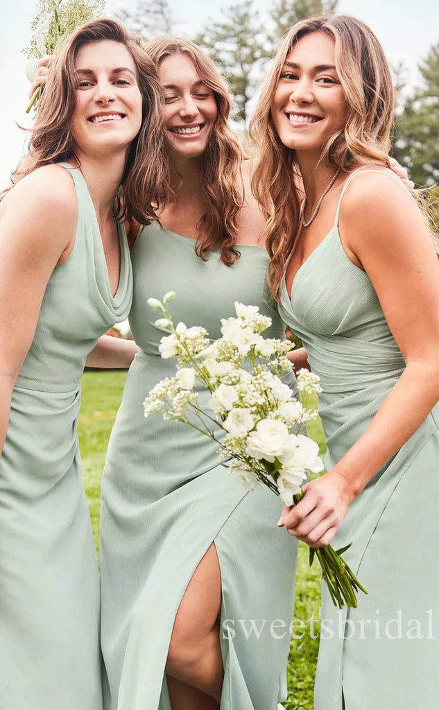 Sage Mismatched V-neck Sleeveless Sheath Long Bridesmaid Dresses, SWE1447