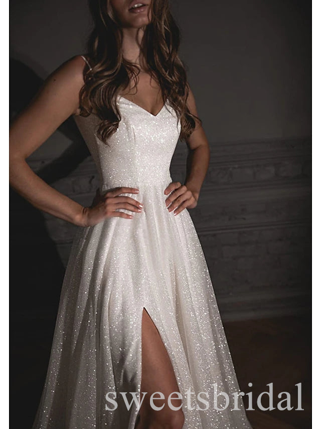 Sparkly V-neck Sleeveless Side Slit A-line Long Prom Dress,SWS2517