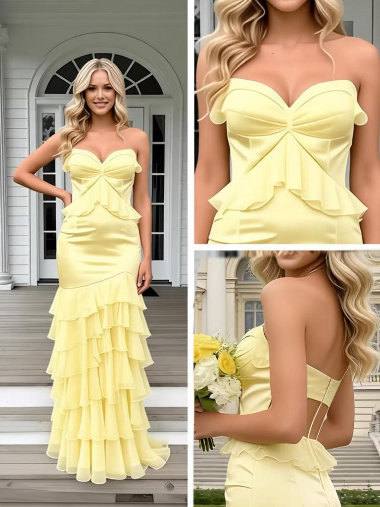 Stylish Yellow Sweetheart Ruffles Sleeveless Mermaid Long Prom Party Dress,SWS2606