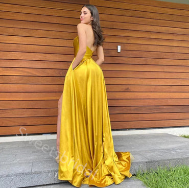 Yellow Halter V-neck Sleeveless Side Slit A-line Floor Length  Prom Dress,SWS2290