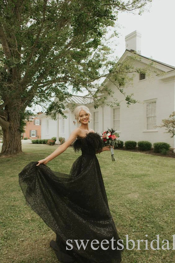 Black Elegant Strapless Sleeveless A-line Long Prom Dress,SWS2454