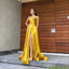 Yellow Halter V-neck Sleeveless Side Slit A-line Floor Length  Prom Dress,SWS2290