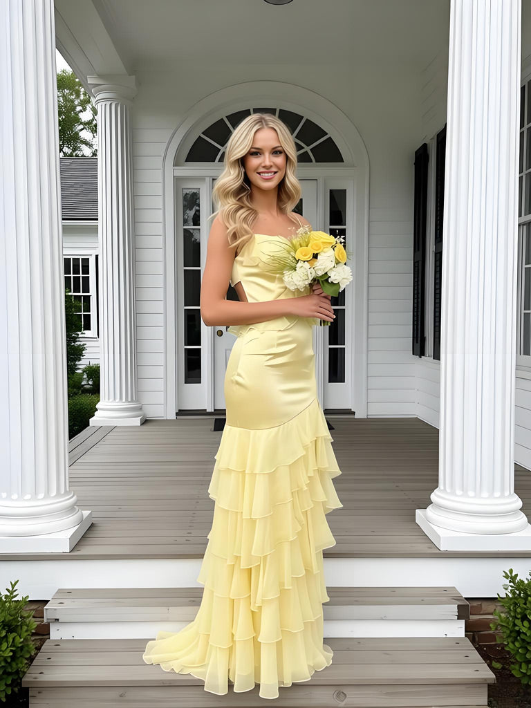 Stylish Yellow Sweetheart Ruffles Sleeveless Mermaid Long Prom Party Dress,SWS2606