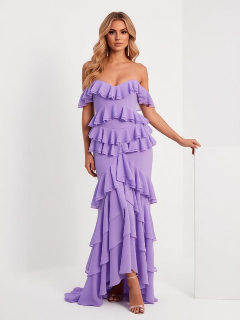 Pretty Ruffles Off Shoulder Mermaid High Low Prom Party Dress,SWS2581