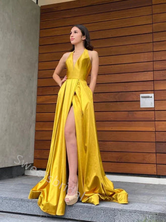 Yellow Halter V-neck Sleeveless Side Slit A-line Floor Length  Prom Dress,SWS2290