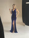 Royal Blue V-neck Sleeveless Side slit Sheath Long Bridesmaid Dresses, SWE1412